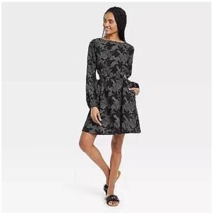 Universal Thread Balloon Long Sleeve Mini A-Line Dress - Black Floral Women's XS